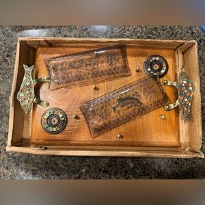 Vintage Israeli Bagel Lox Cheese 18" Tray w/ Brass Fish Handles, MCM Decor NEW